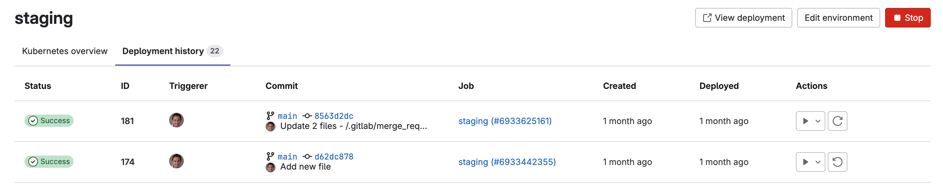 Historique des déploiements GitLab.