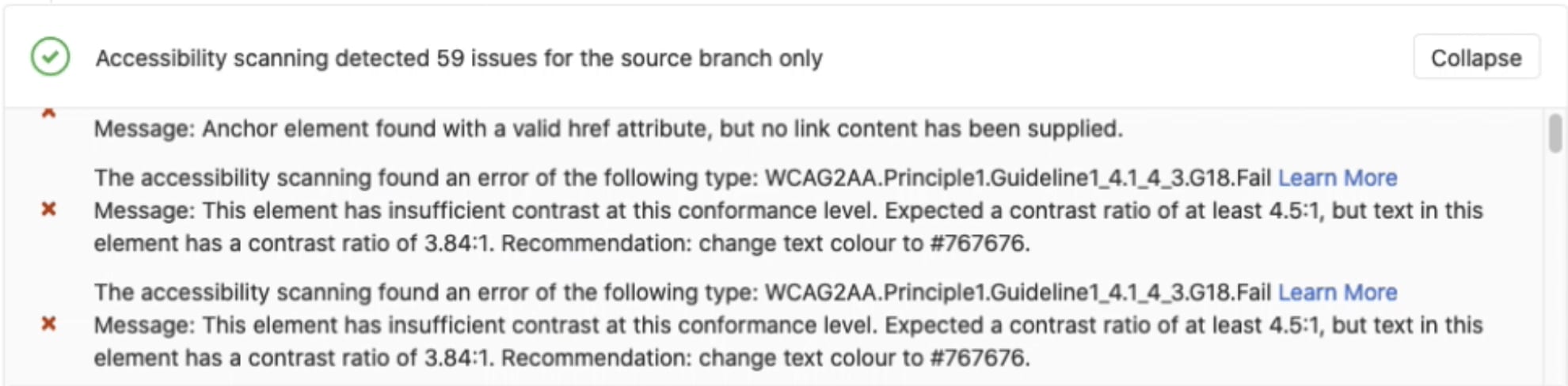 Exemple de rapport d'accessibilité dans le pipeline CI/CD de GitLab