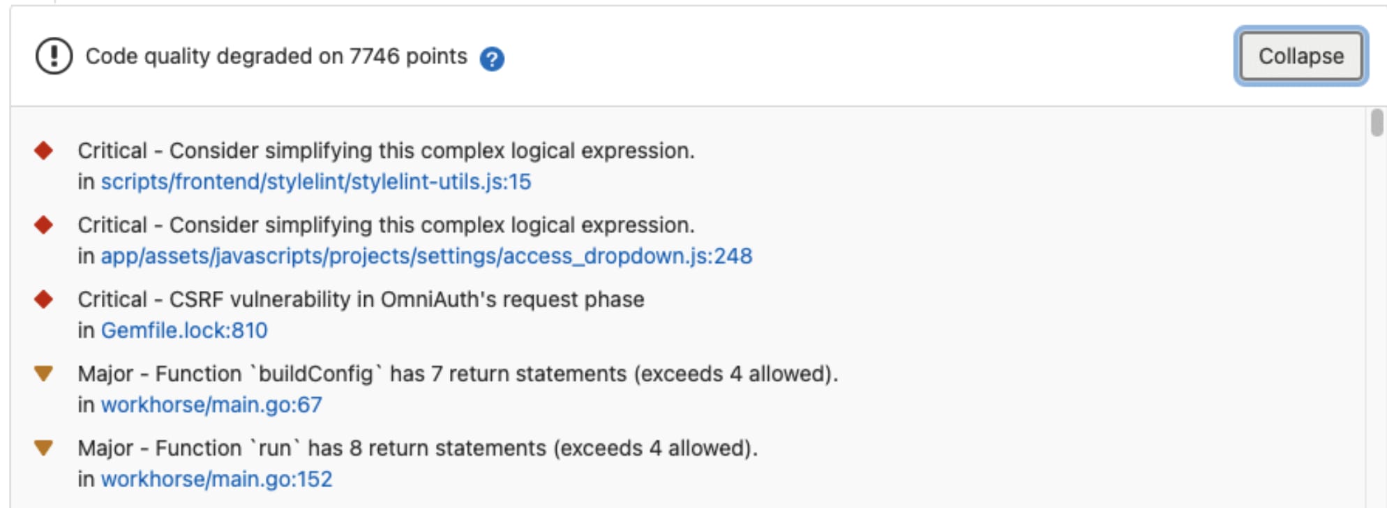 Exemple de rapport de test sur la qualité du code suite à une merge request dans GitLab