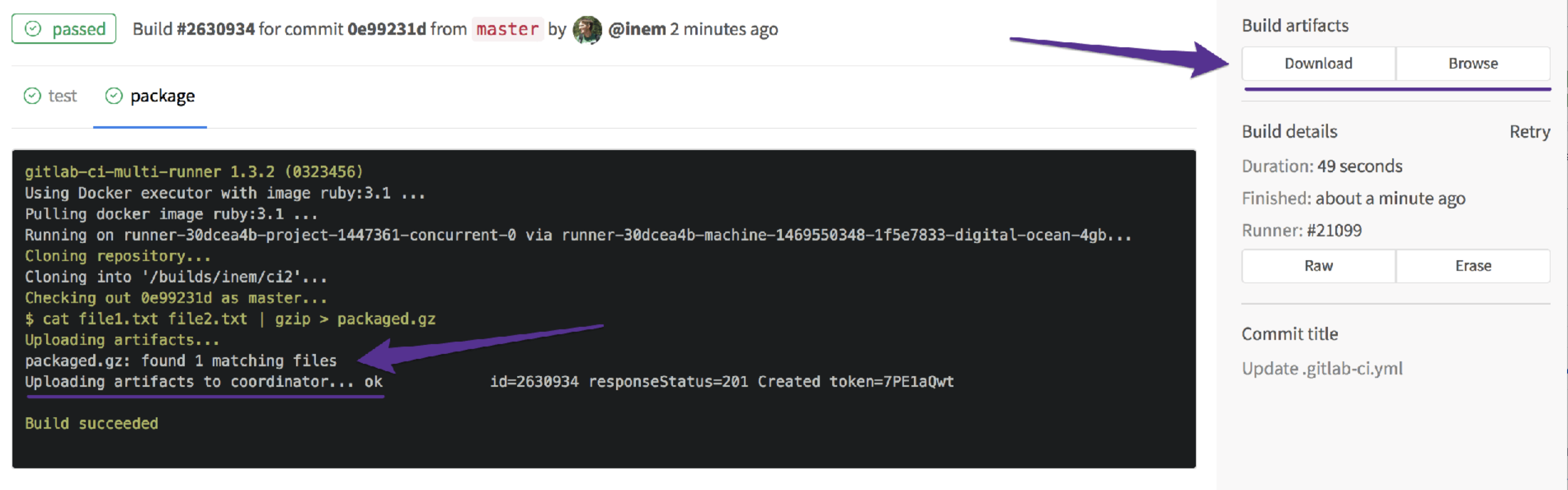 Artefact de compilation téléchargeable dans le pipeline CI/CD de GitLab