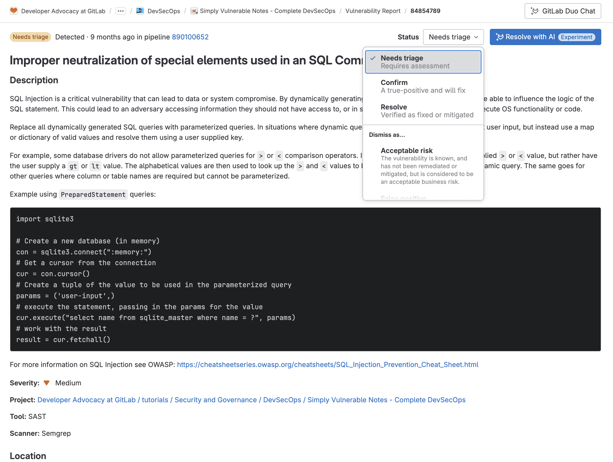 Page sur les vulnérabilités d'injection SQL