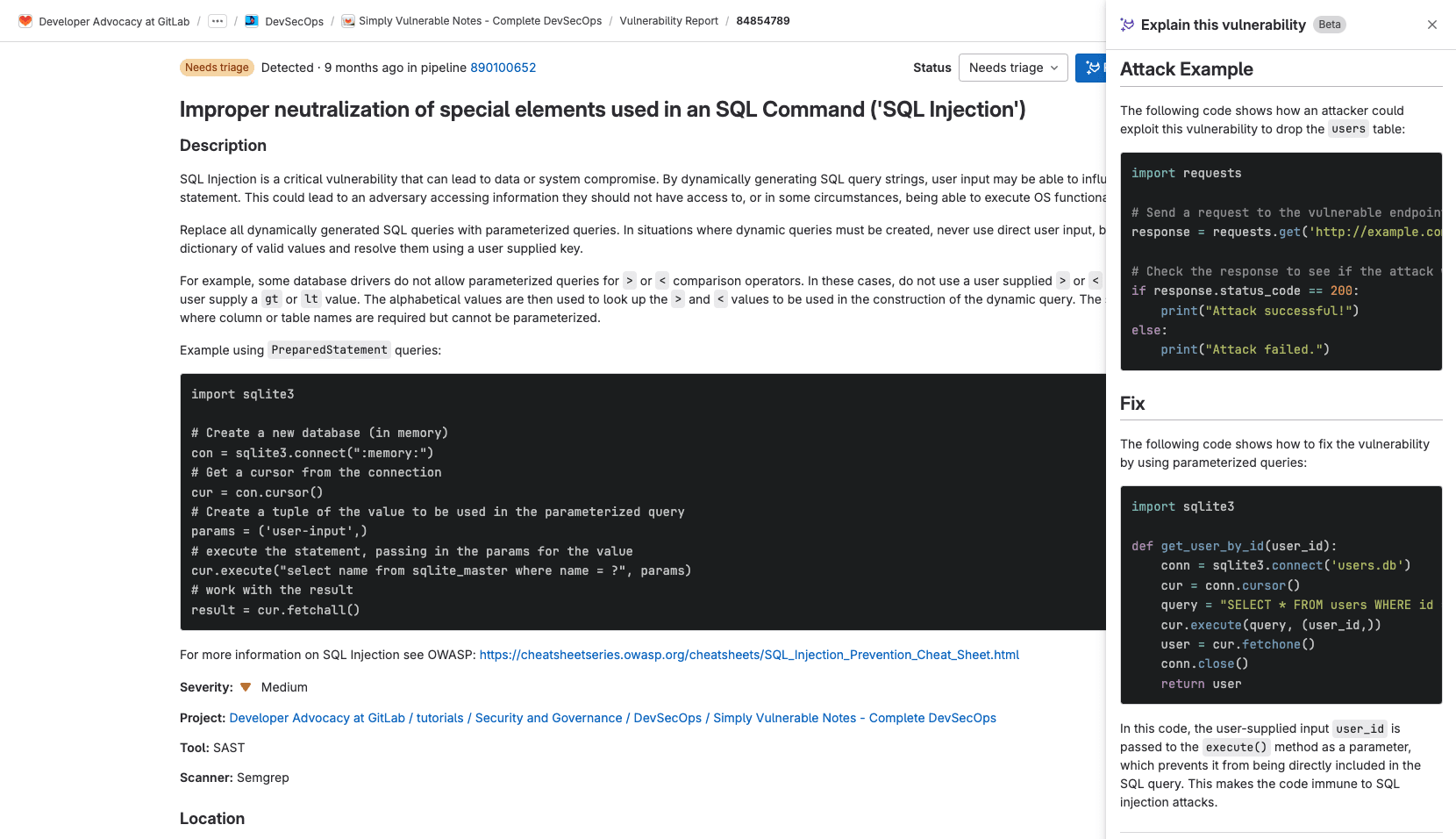 Explication via l'IA de GitLab Duo de l'injection SQL