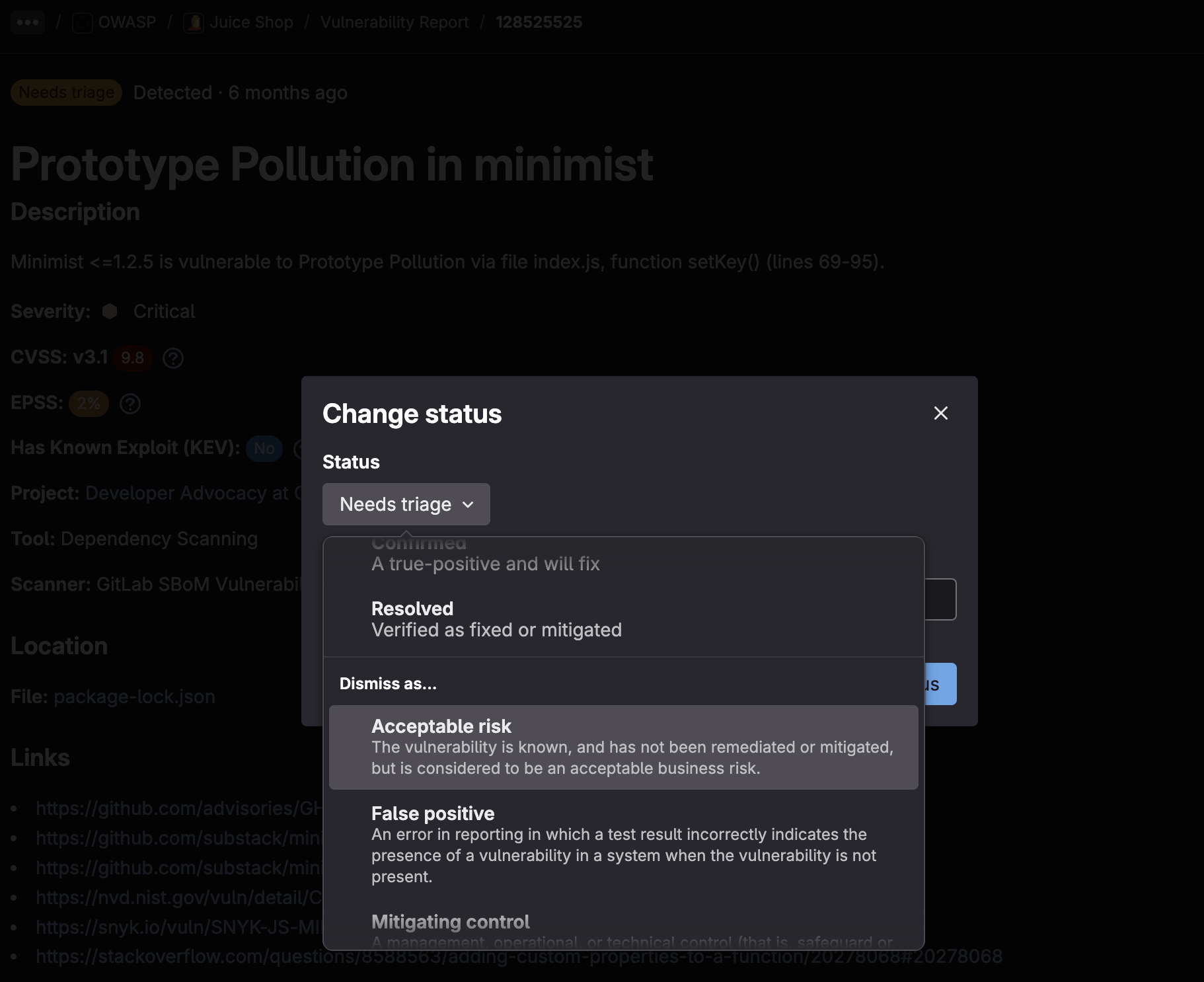 Change vulnerability status option