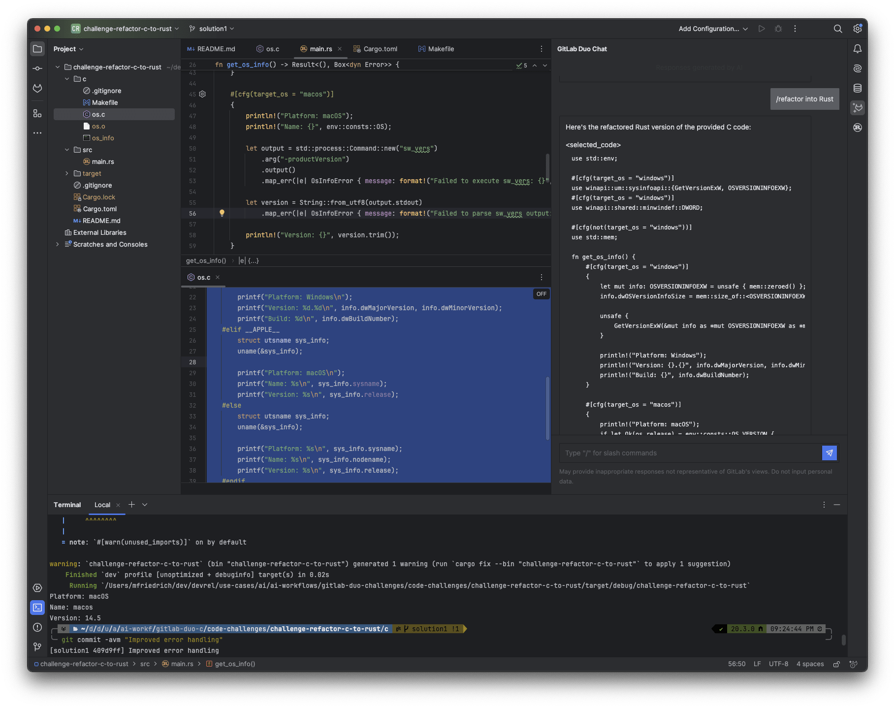 Initialize a new Rust project, and copy the generated source code into the  file. Run  to compile the code.