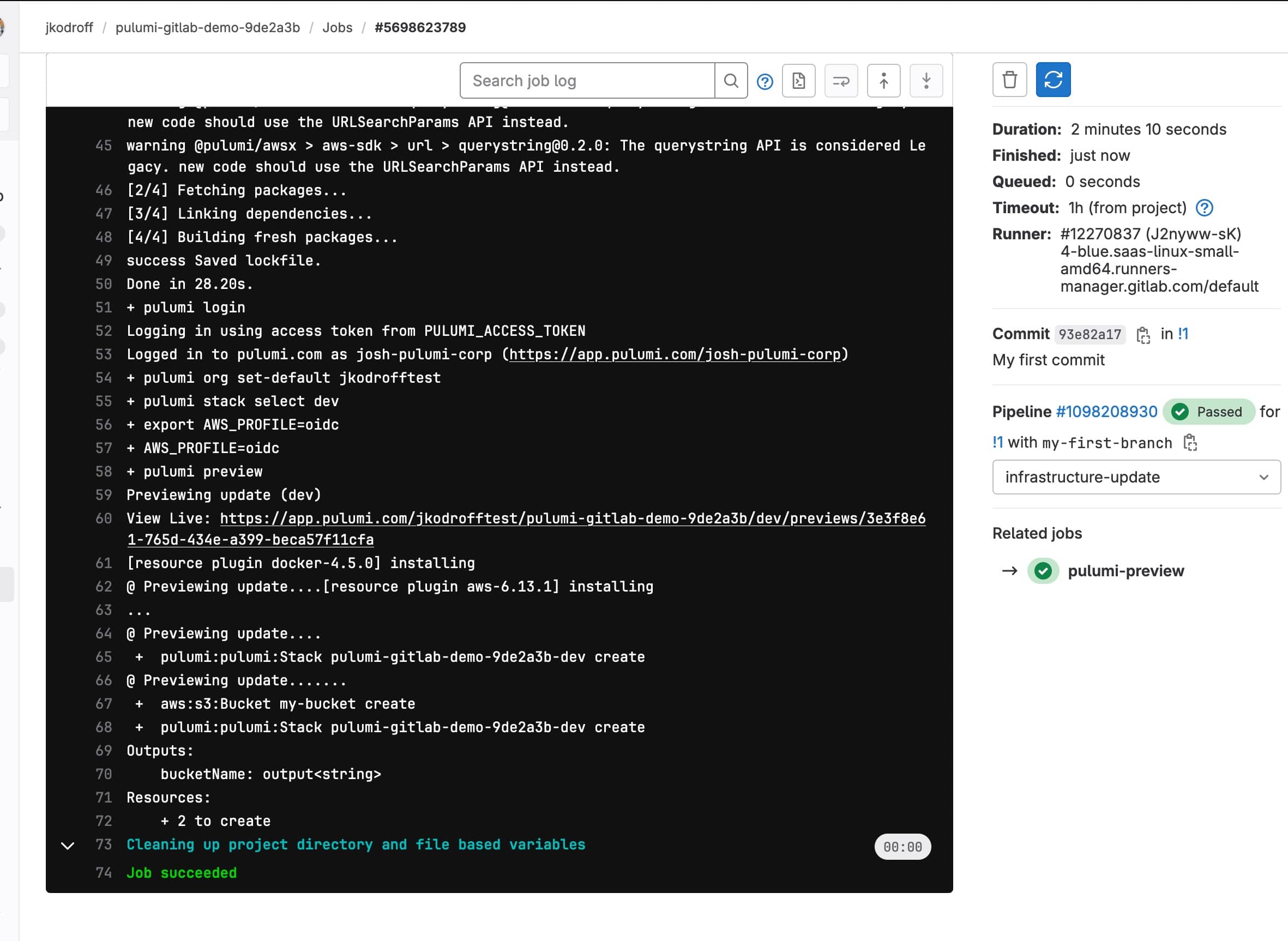 Screenshot of a GitLab pipeline log showing the output of the "pulumi preview" command