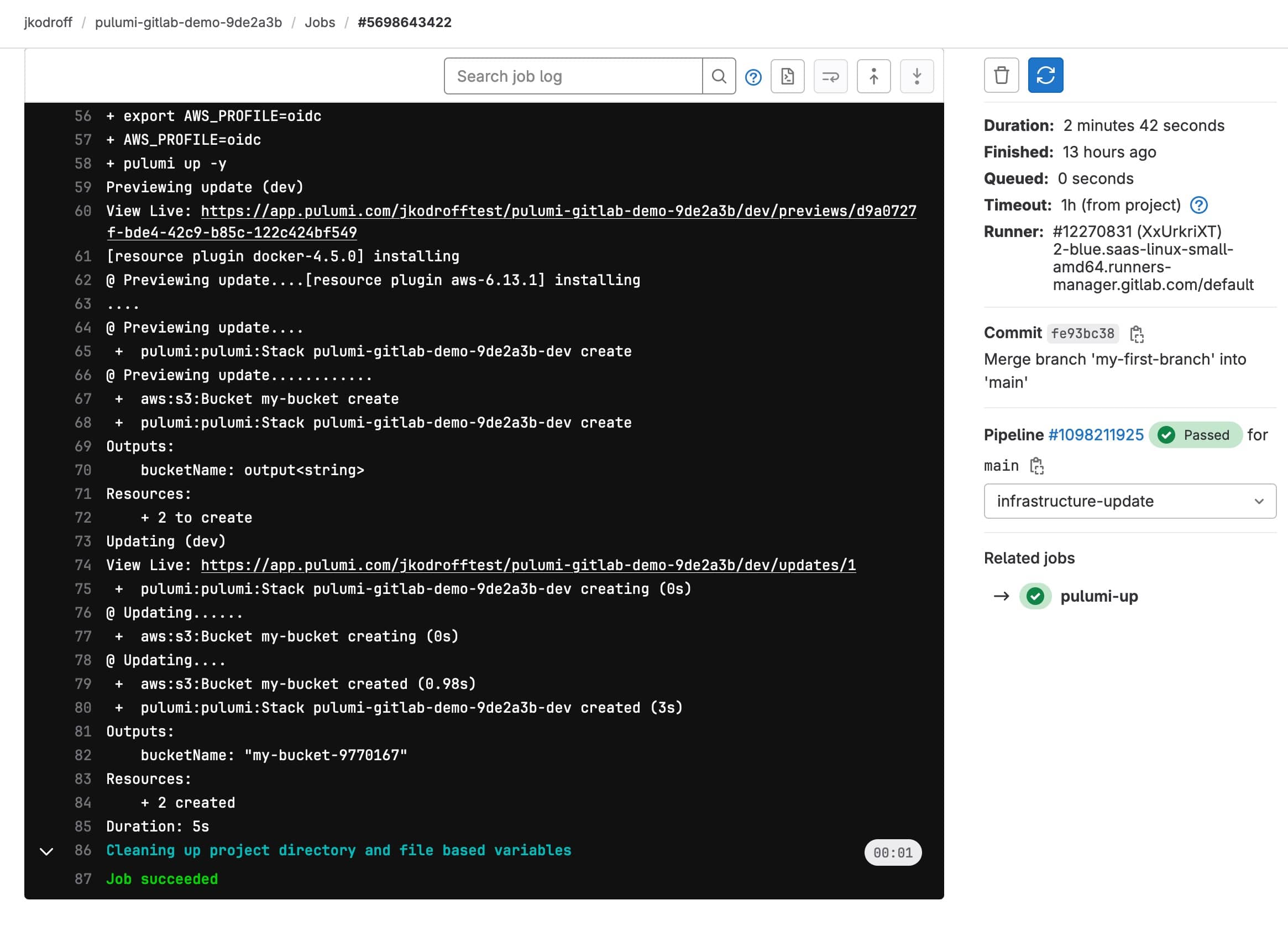 Screenshot of a GitLab pipeline log showing the output of the "pulumi up" command