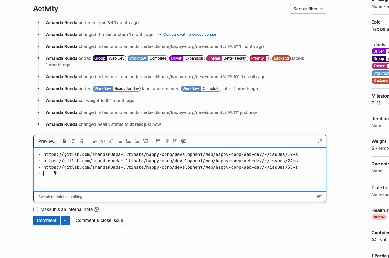 ネストされたGitLabエピックのスクリーンショット