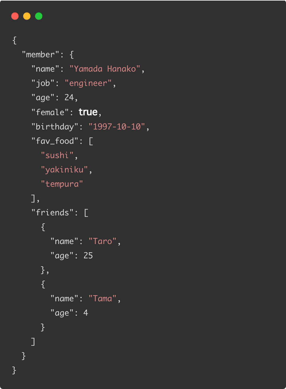 JSON形式のキーとバリューの記載例
