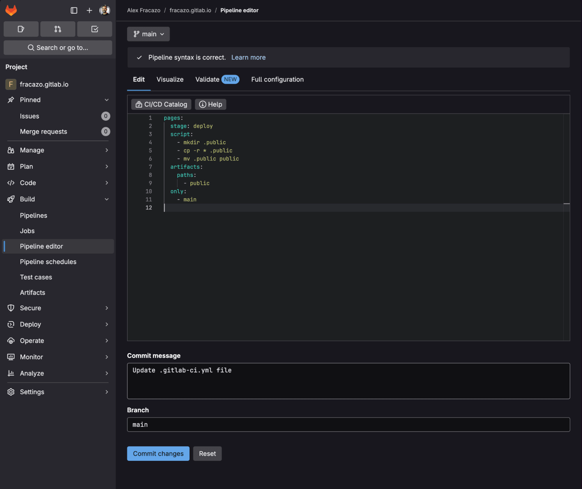 GitLab Pagesチュートリアル - パイプラインエディタ／mainブランチ