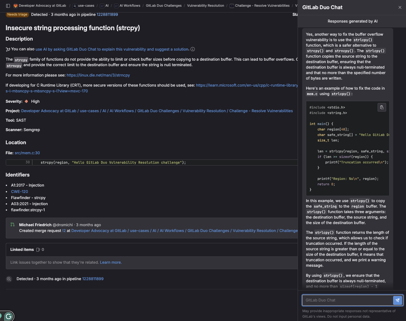 Chat-Prompt mit Problembeschreibung und Antwort