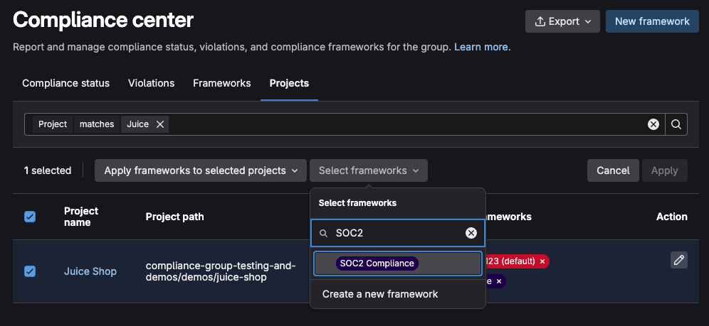 SOC2テストフレームワークが表示されたコンプライアンスセンターの画面
