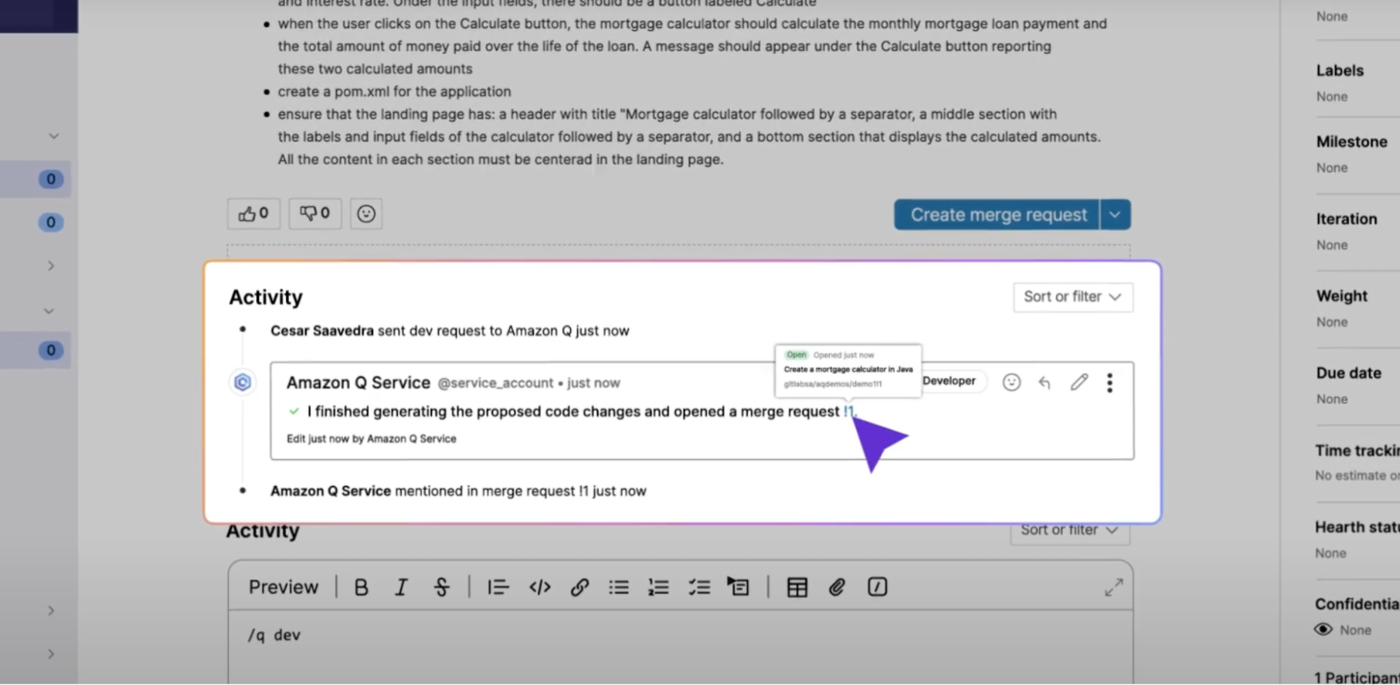 GitLab Duo  with Amazon Qのアクティビティポップアップのスクリーンショット