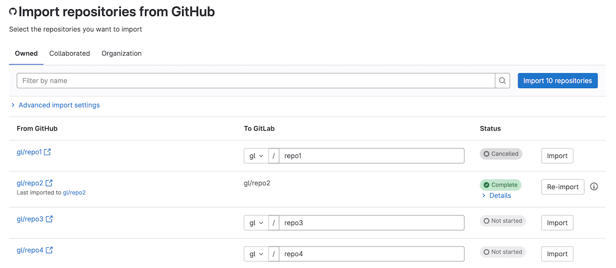Écran Importer des dépôts depuis GitHub