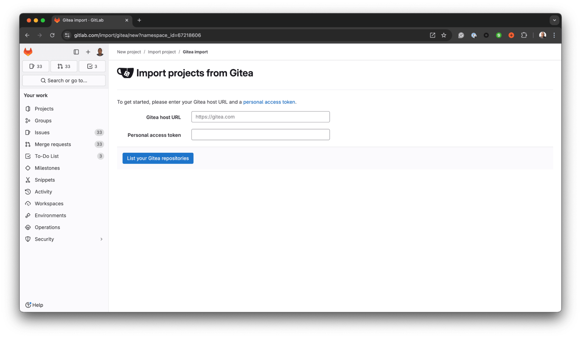 Importer un projet depuis Gitea