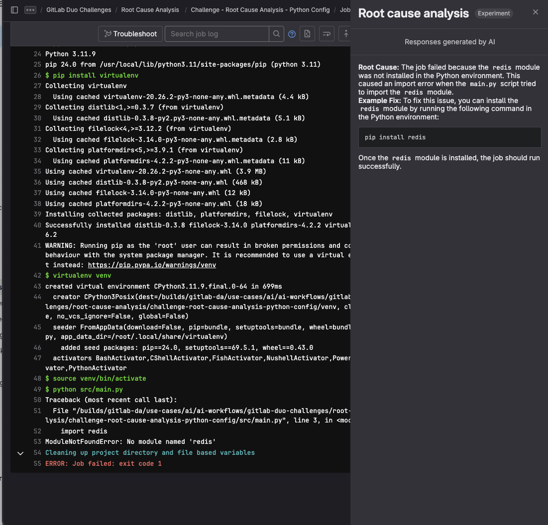 'modulenotfounderror'とGitLab Duoによって提案された解決策を示す画像
