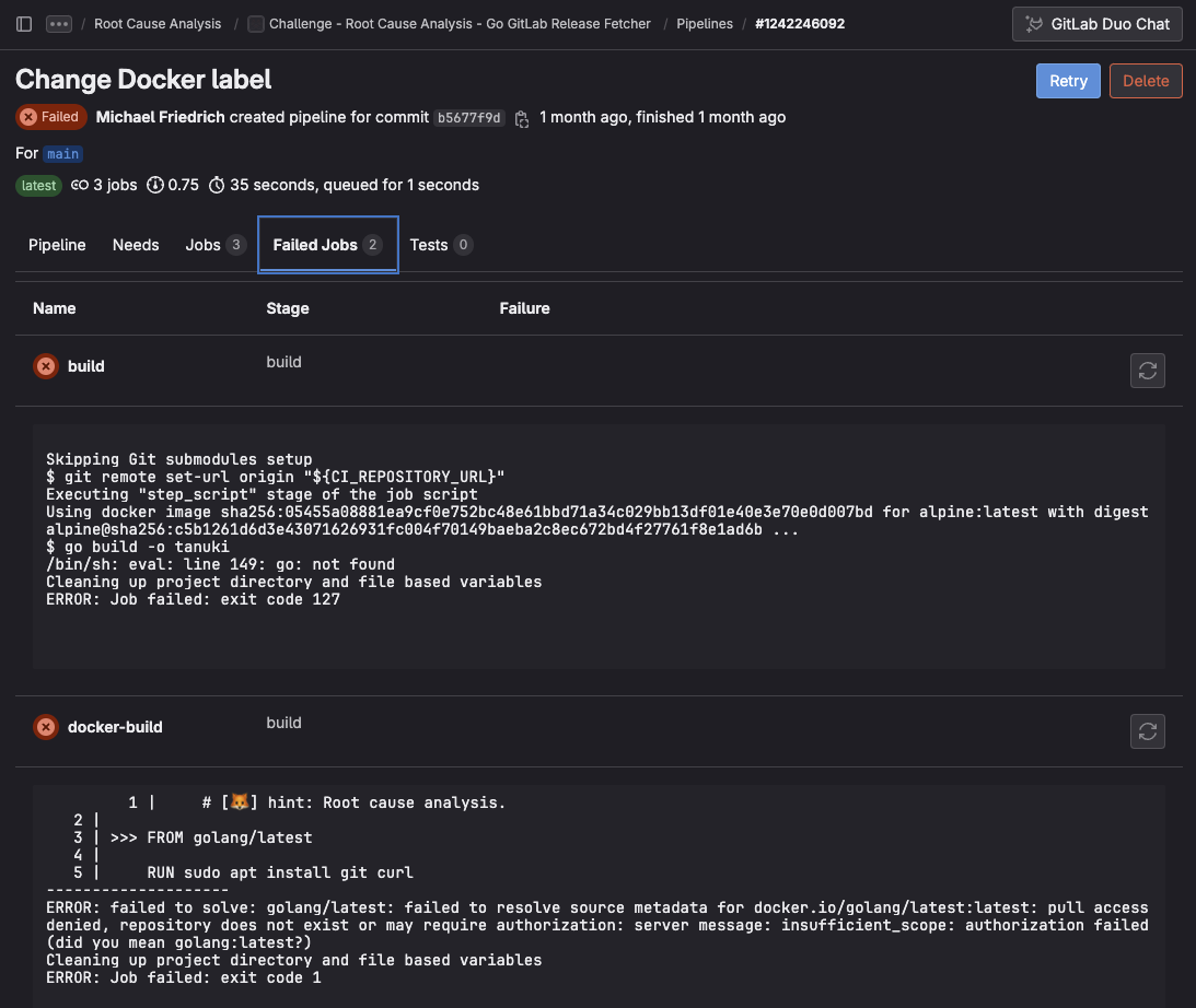変更Dockerラベルジョブの失敗を示すスクリーンショット