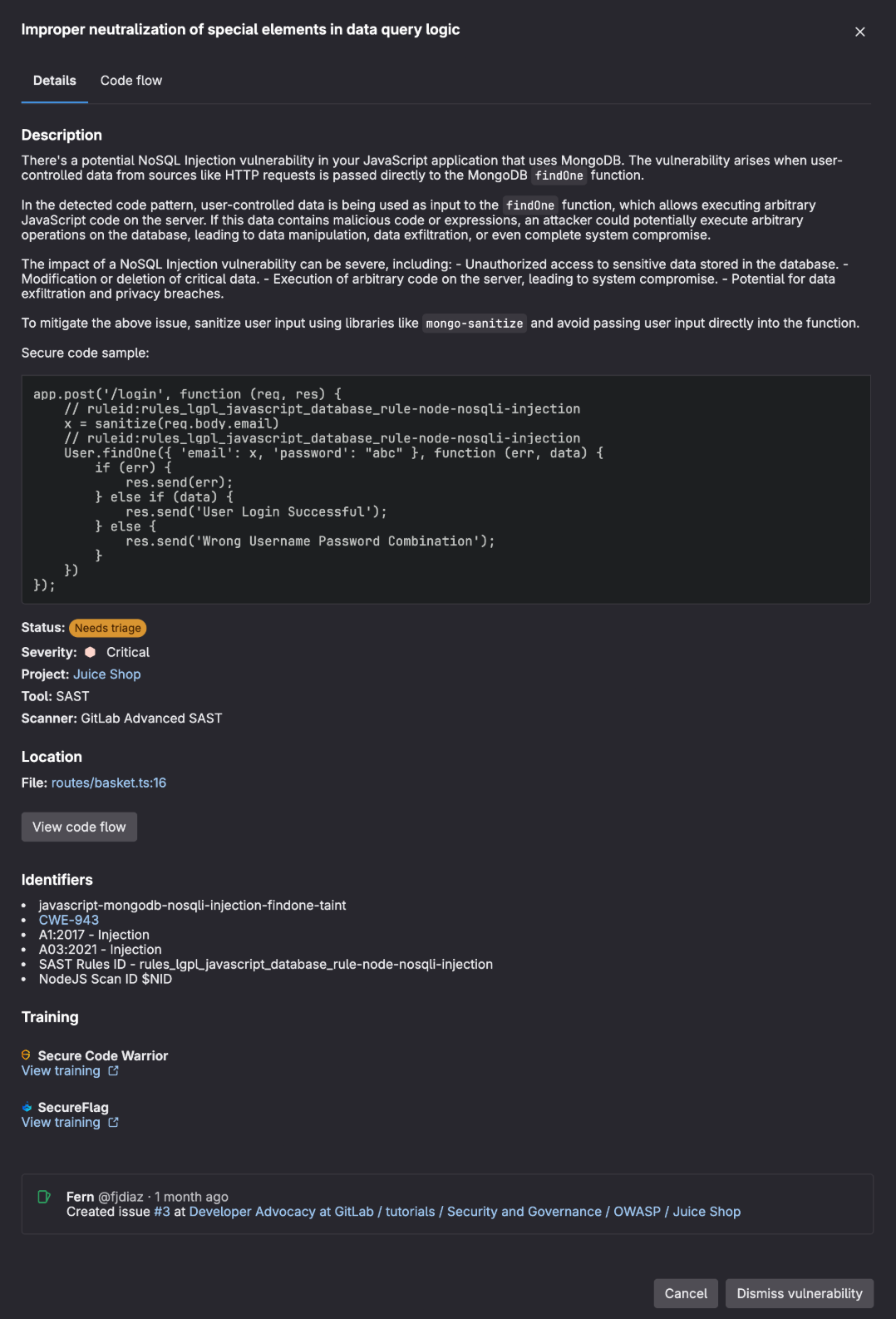 NoSQL injection vulnerability seen in MR