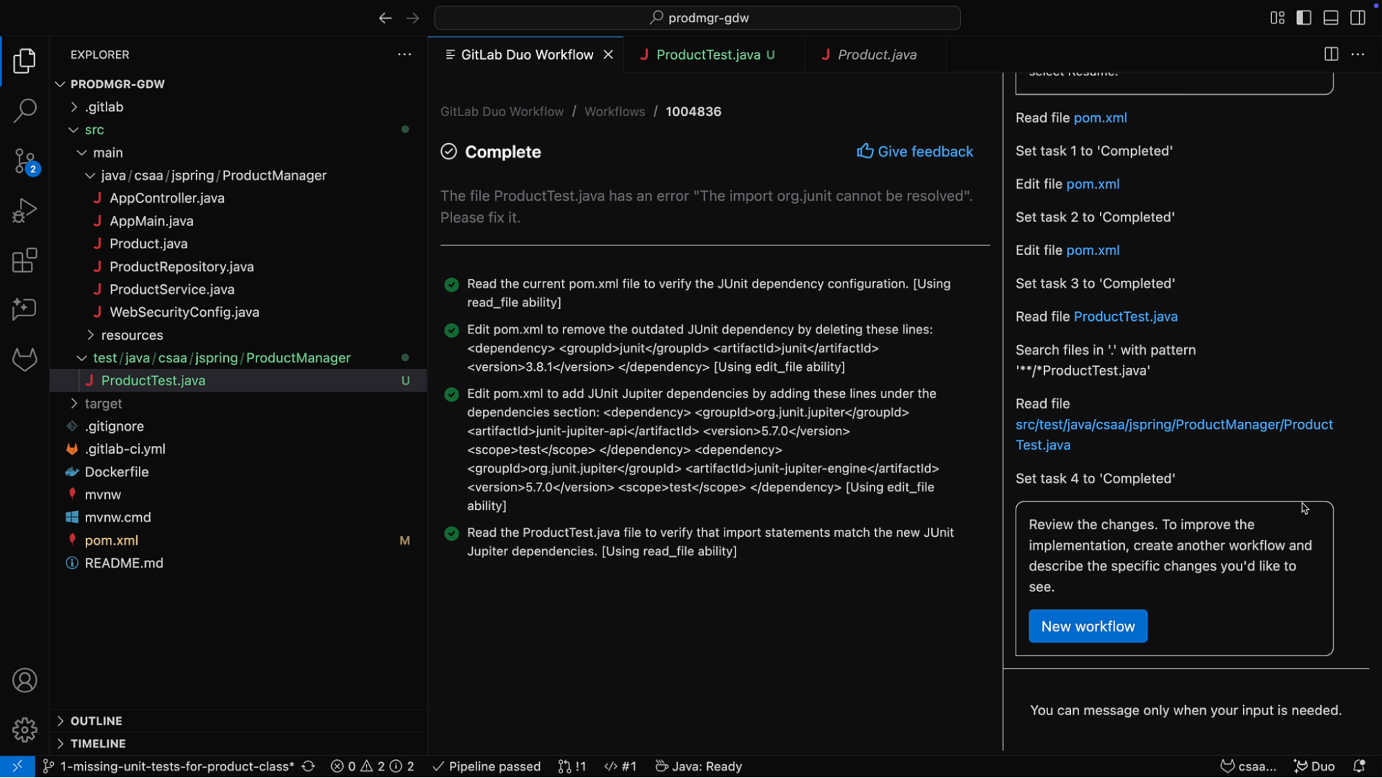 GitLab Duo Workflow führt eine Analyse durch, indem es die Datei „pom.xml“ liest.