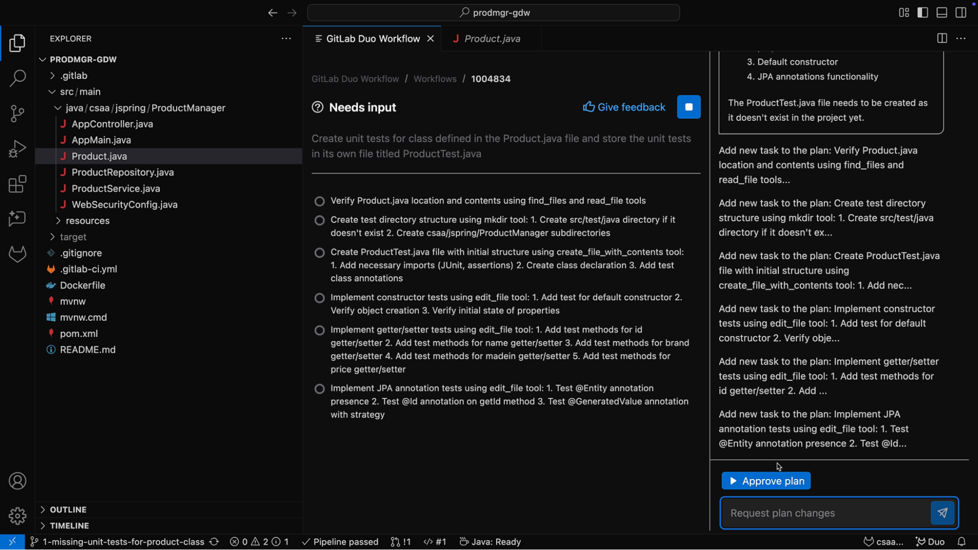 Von GitLab Duo Workflow generierte Analyse und Plan
