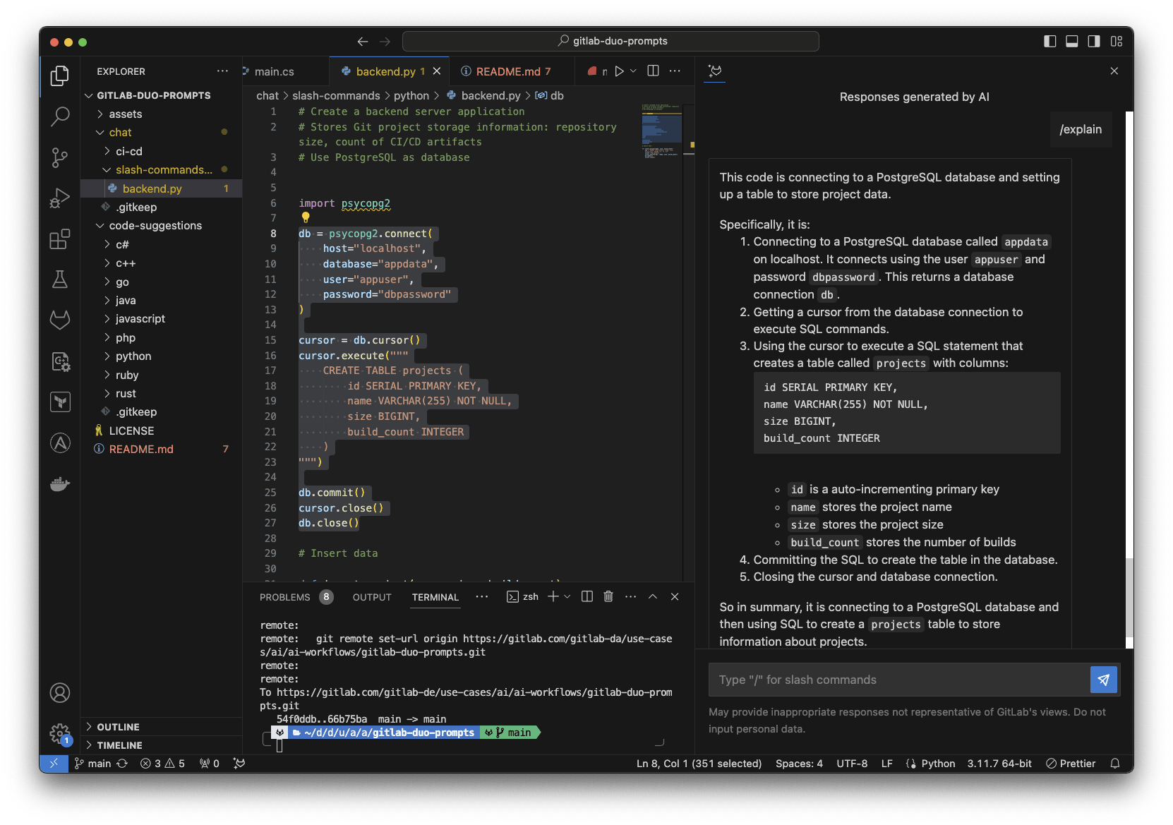 Chat prompt with /explain slash command