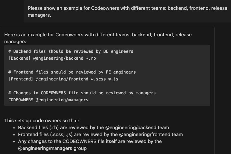 Chat prompt to show an example for Codeowners with different teams: backend, frontend, release managers and reponse 