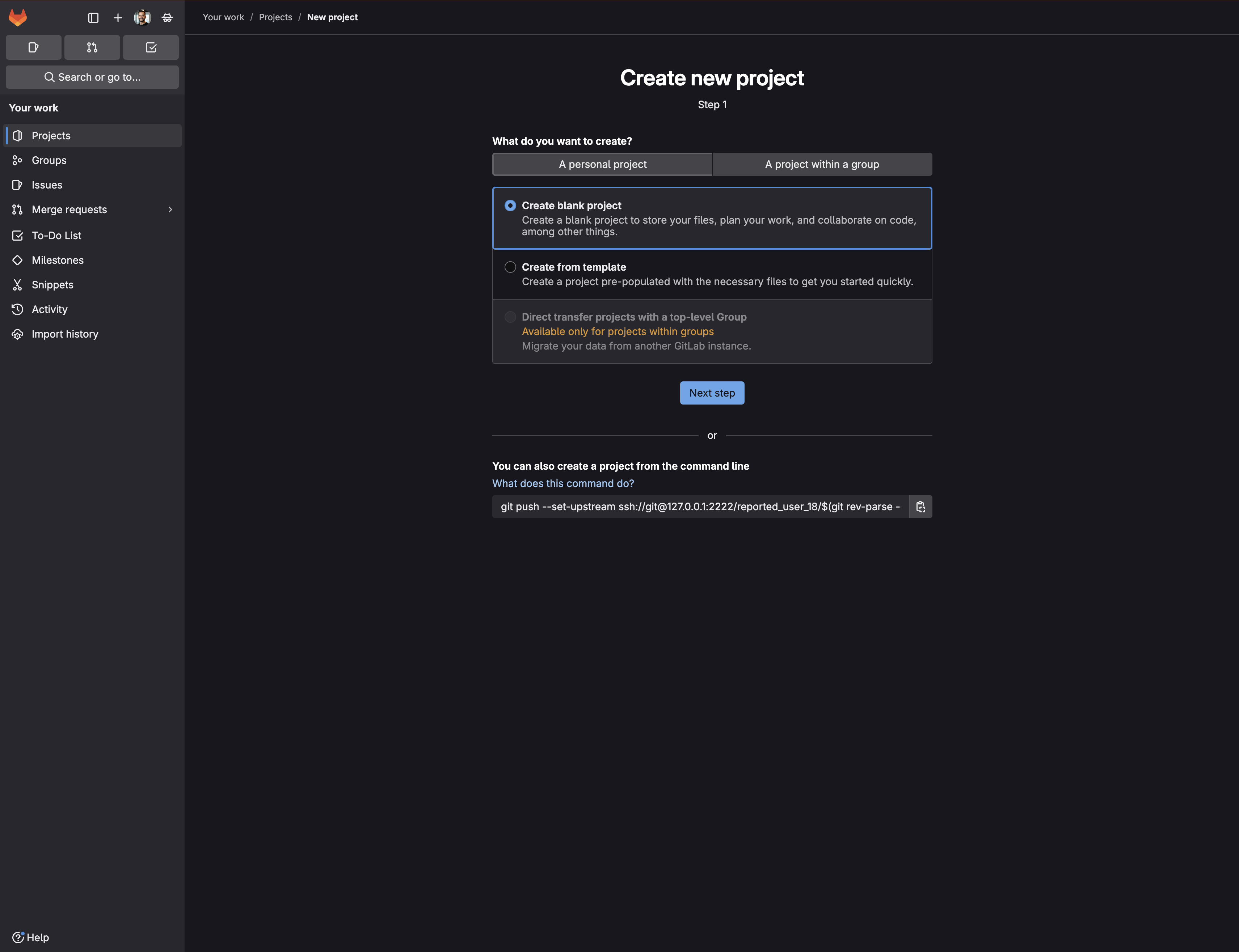 Tutoriel GitLab Pages - écran de création d'un projet