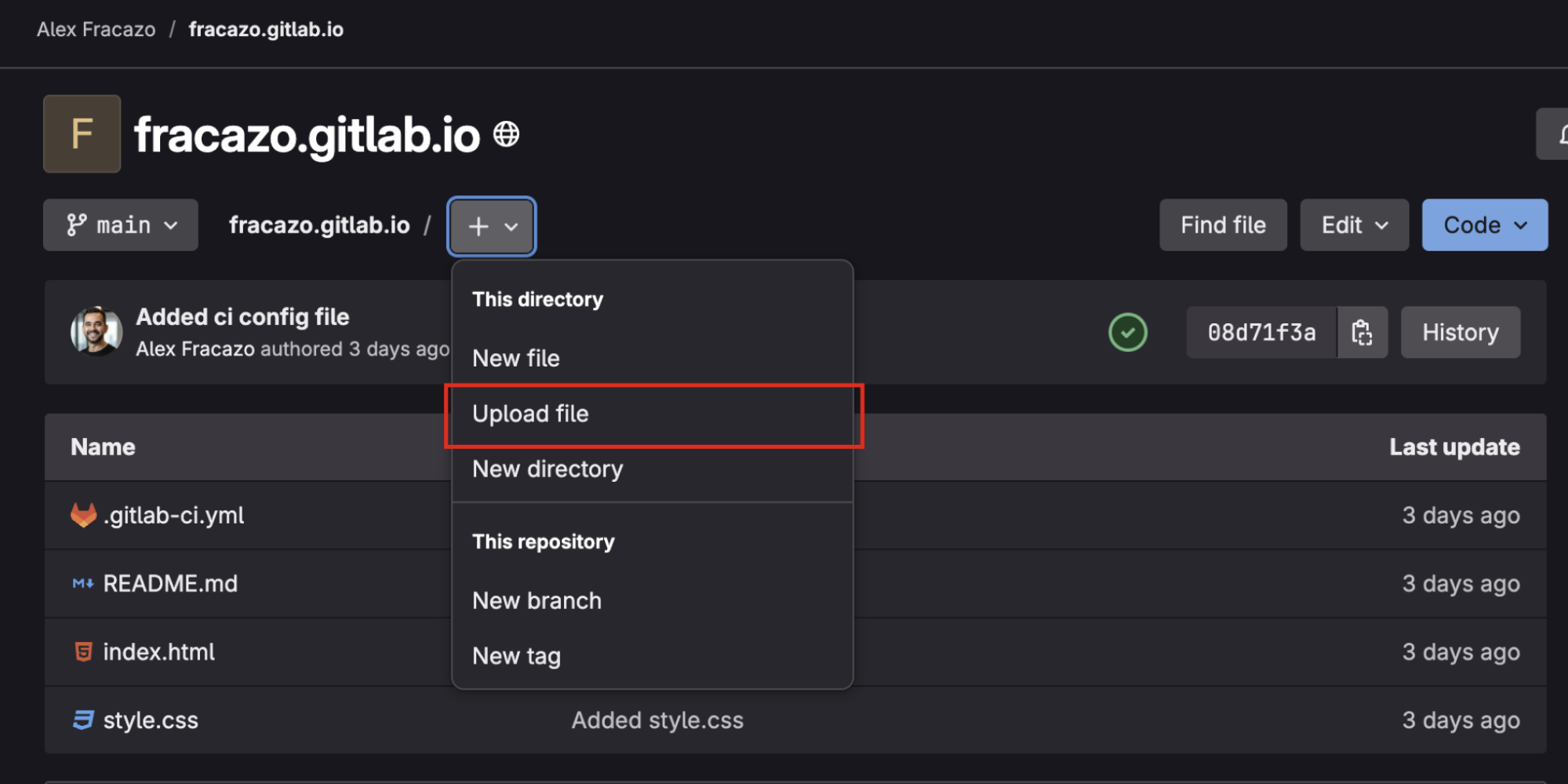 Tutoriel GitLab Pages - importer un fichier pour personnaliser la page