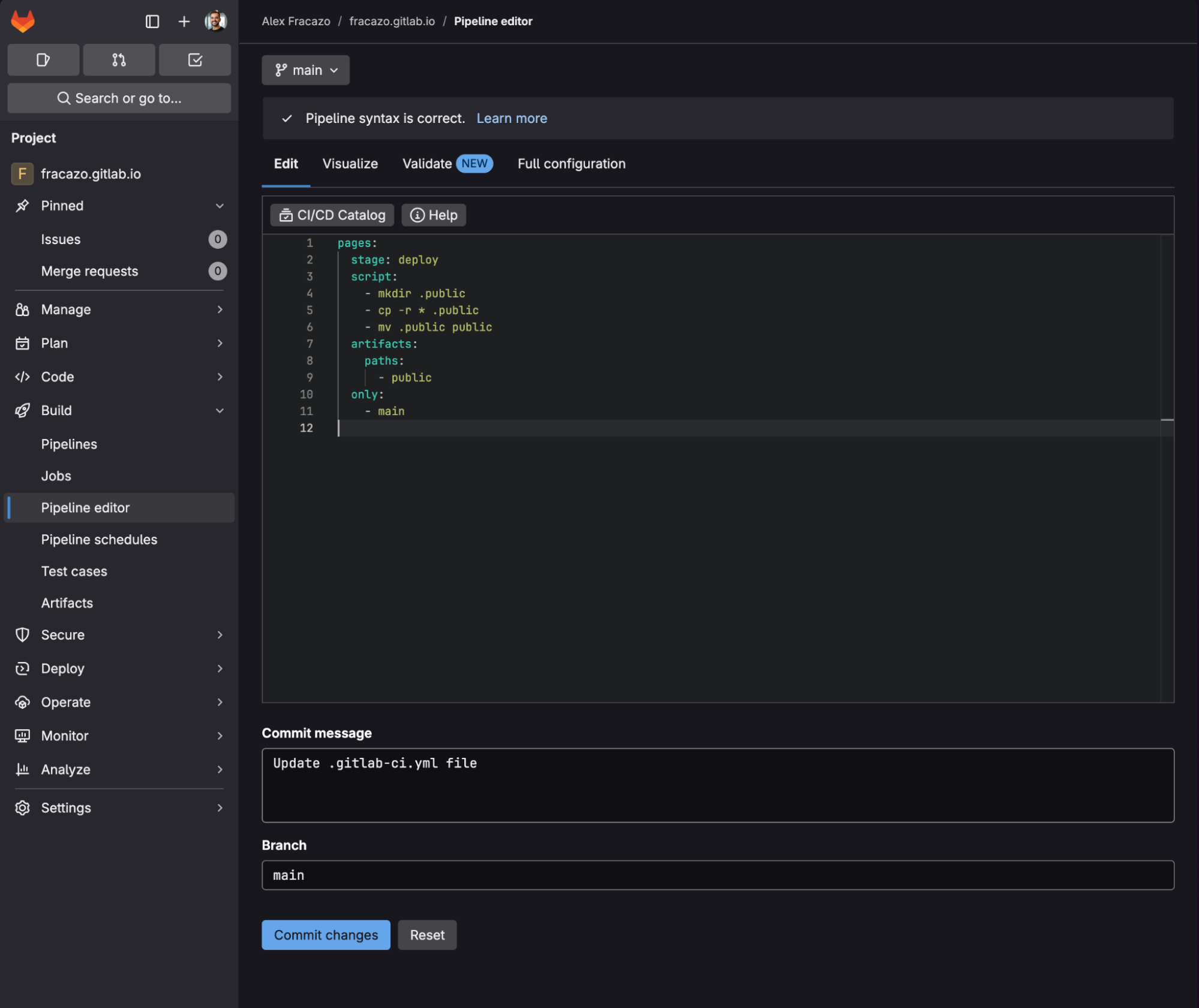 Tutoriel GitLab Pages - éditeur de pipeline/branche principale
