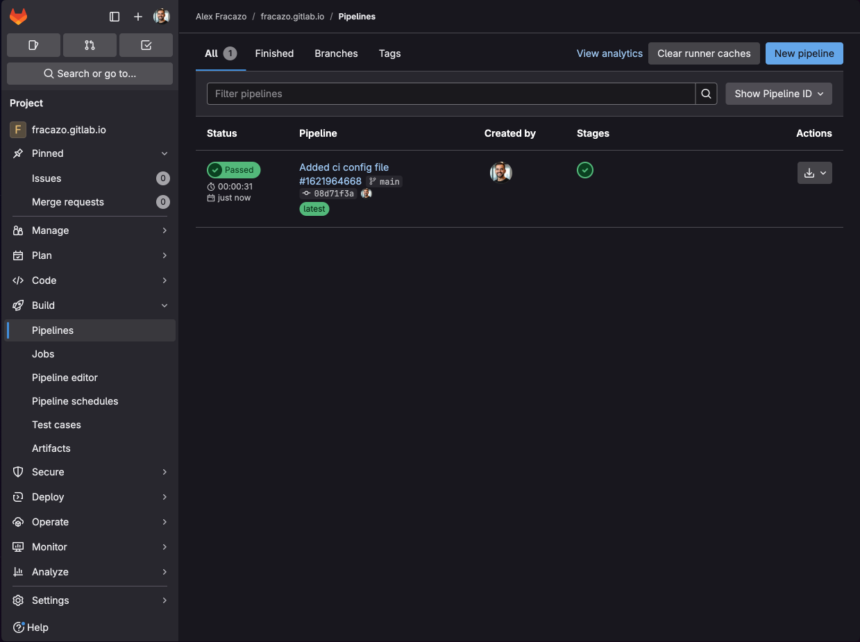 Tutoriel GitLab Pages - pipeline réussi pour la création de la page