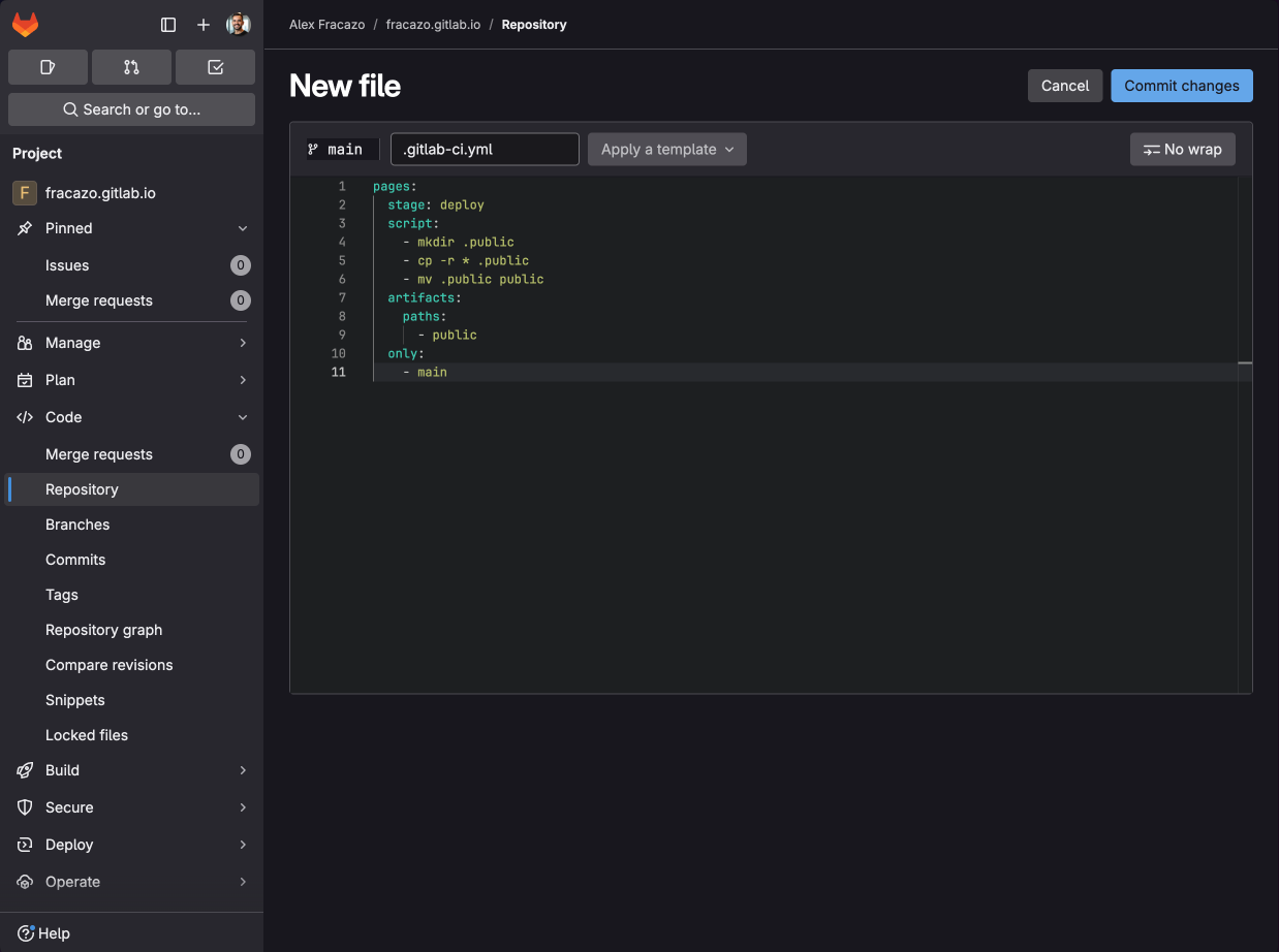 Tutoriel GitLab Pages - Nouveau fichier dans la fenêtre