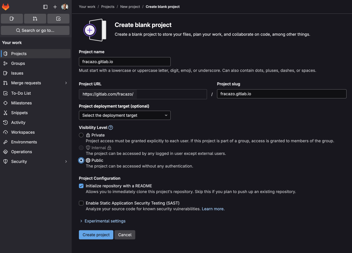 Tutoriel GitLab Pages - écran Créer un projet vide