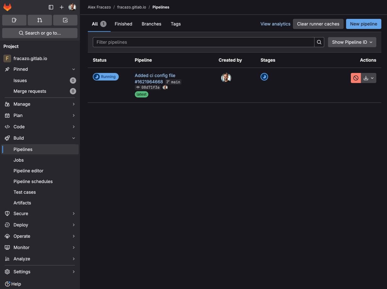 Tutoriel GitLab Pages - pipeline en cours d'exécution pour la création de la page