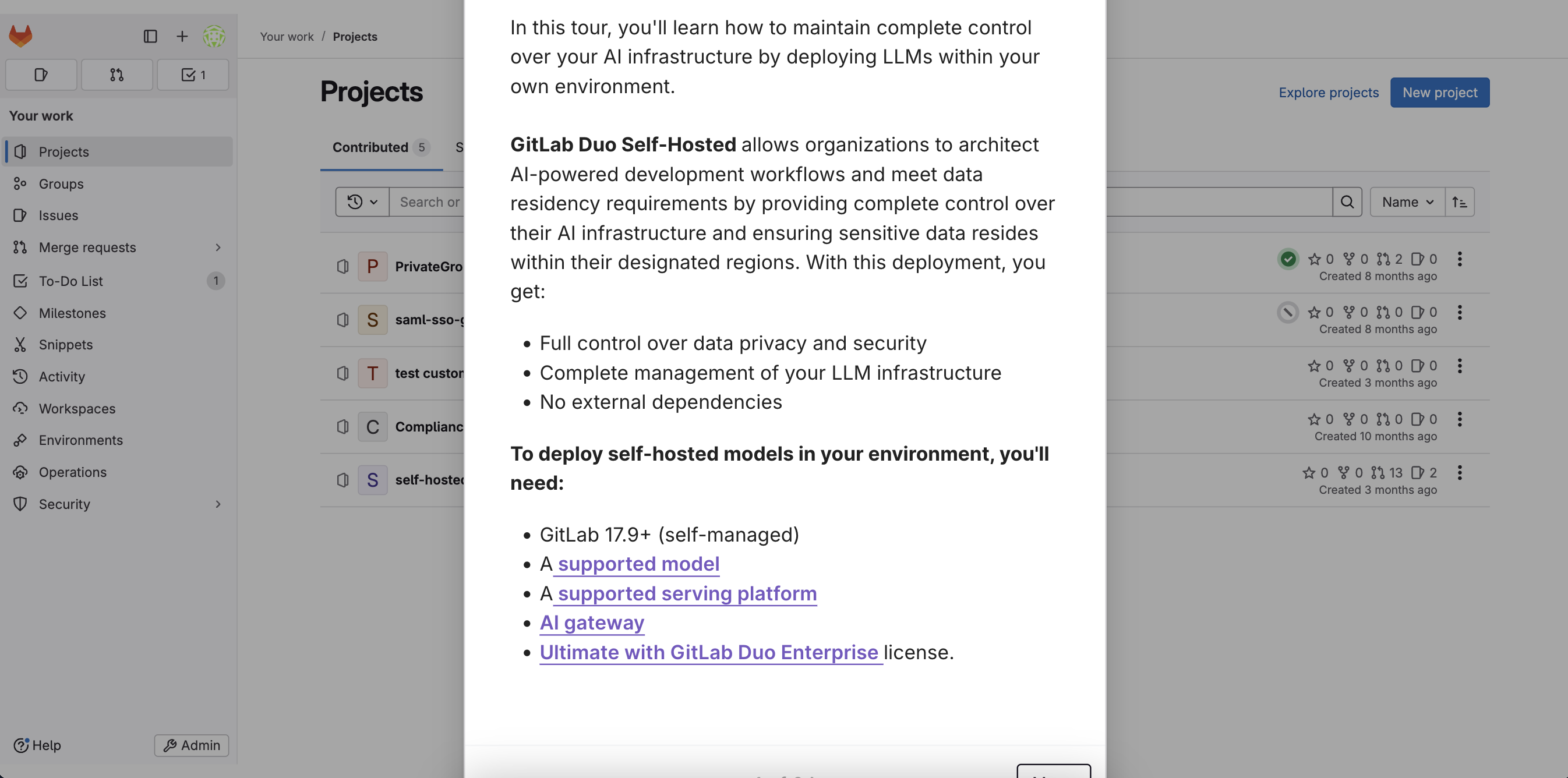 Capture d'écran de la visite guidée de GitLab Duo Self-Hostedt