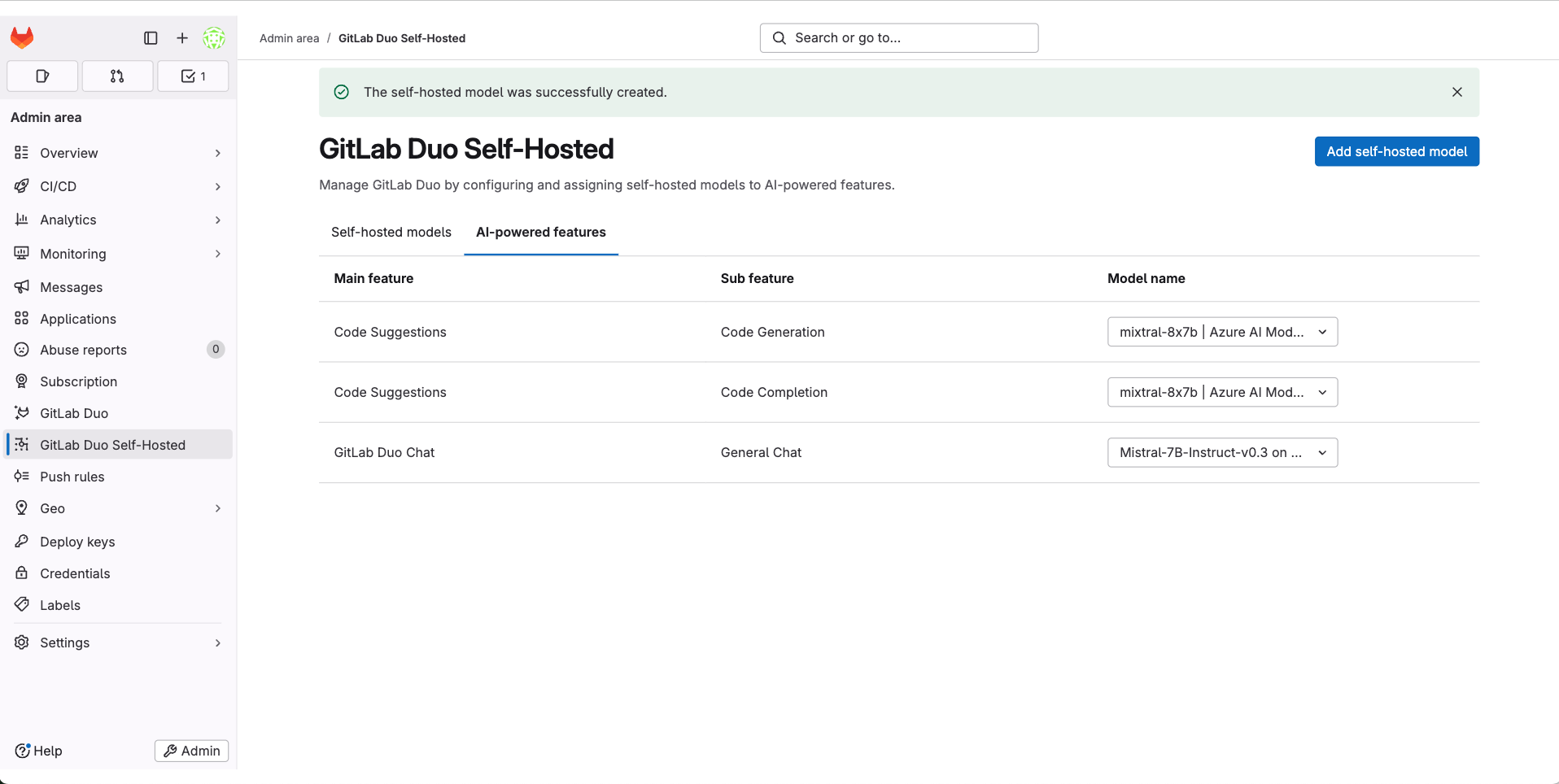 Fonctionnalités alimentées par l'IA de GitLab Duo Self-Hosted