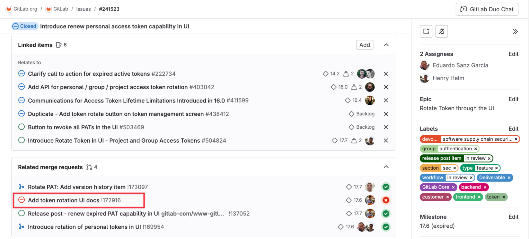 merge request associée pour mettre à jour la documentation du produit GitLab