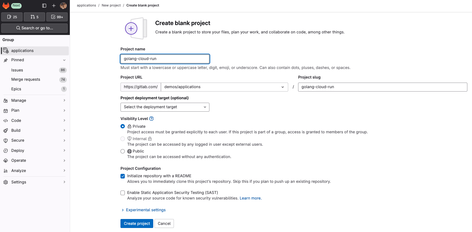 Create a new blank project in GitLab