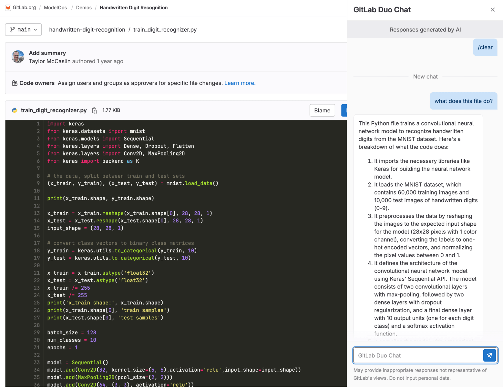 Capture d'écran de la fenêtre GitLab Duo Chat