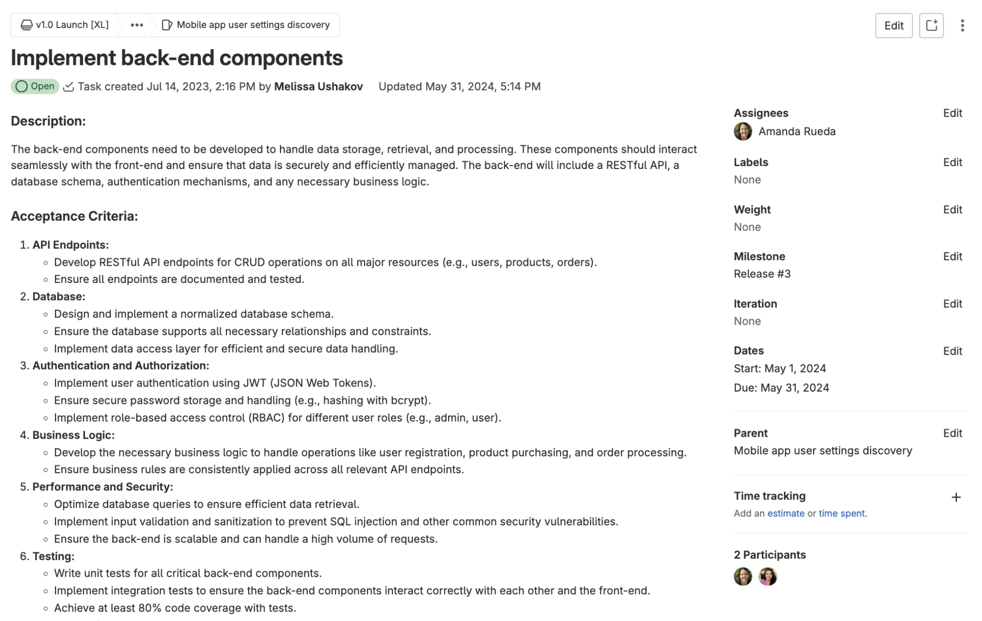 Tasks in the Work Items framework