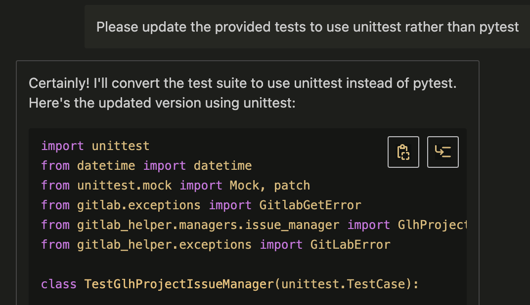 Chat-Prompt zur Verwendung von unittest anstelle von pytest