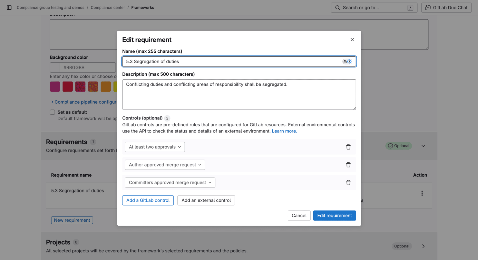 custom compliance frameworks - edit requirement screen