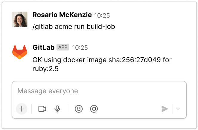 Screenshot di una pipeline in esecuzione da Slack