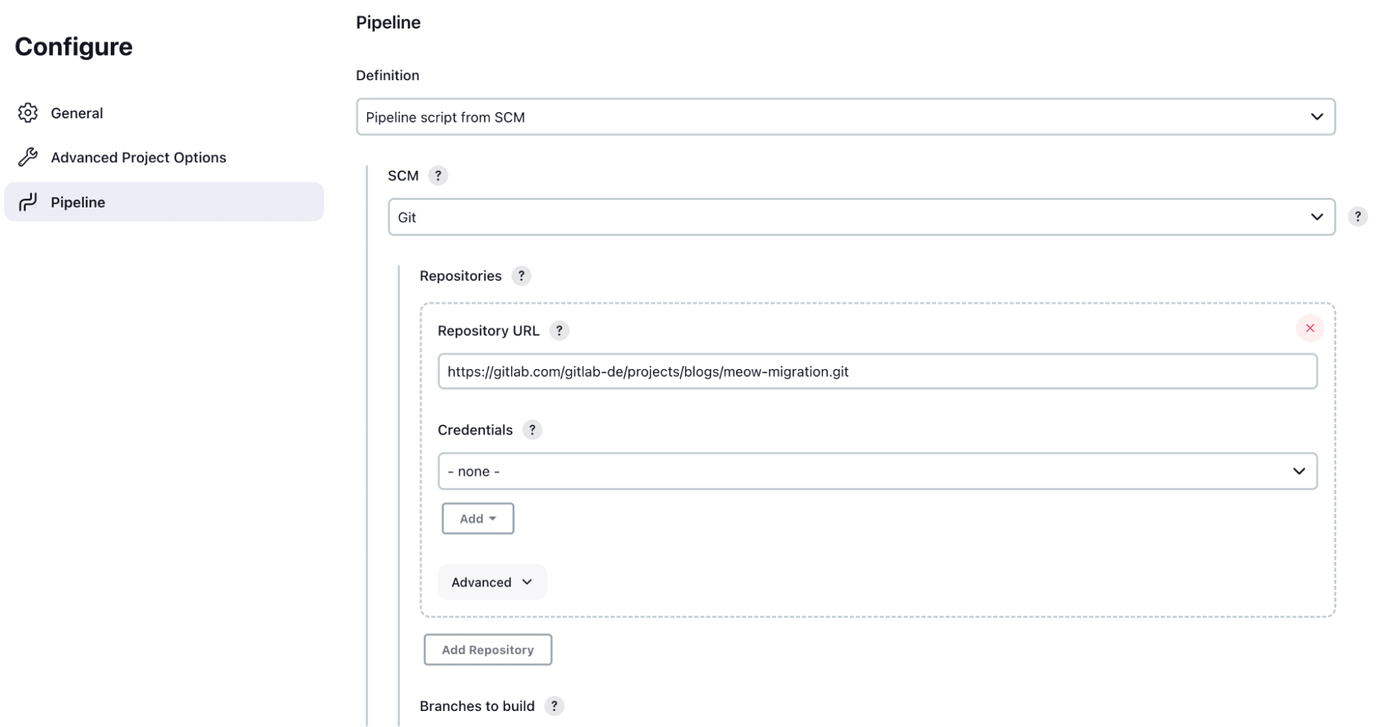 Jenkins Pipeline SCM settings