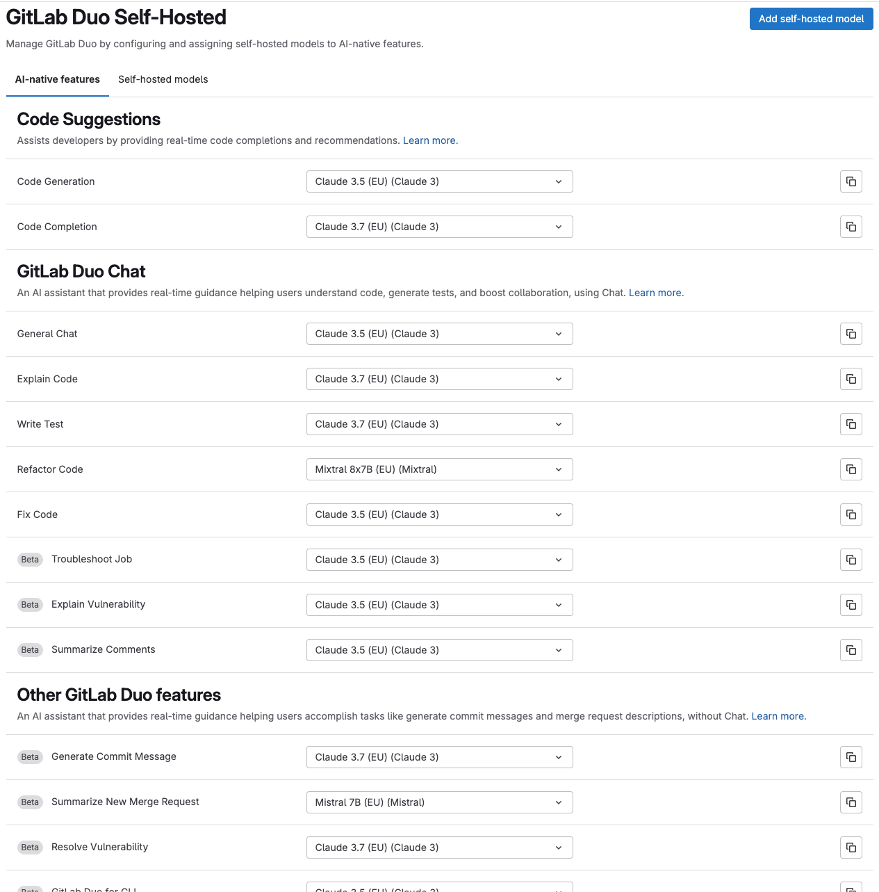 Configuration des fonctionnalités GitLab Duo Self-Hosted