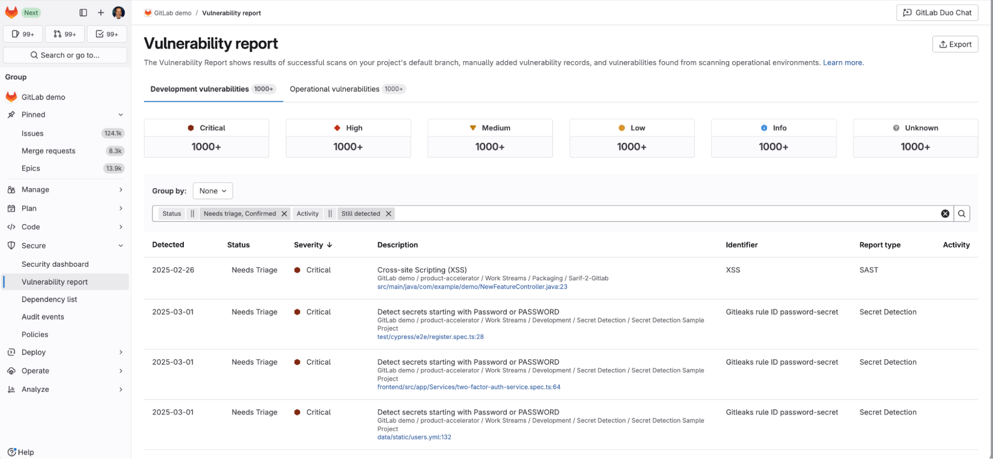 Vulnerability Report shows all vulnerabilities for a specific project or group.