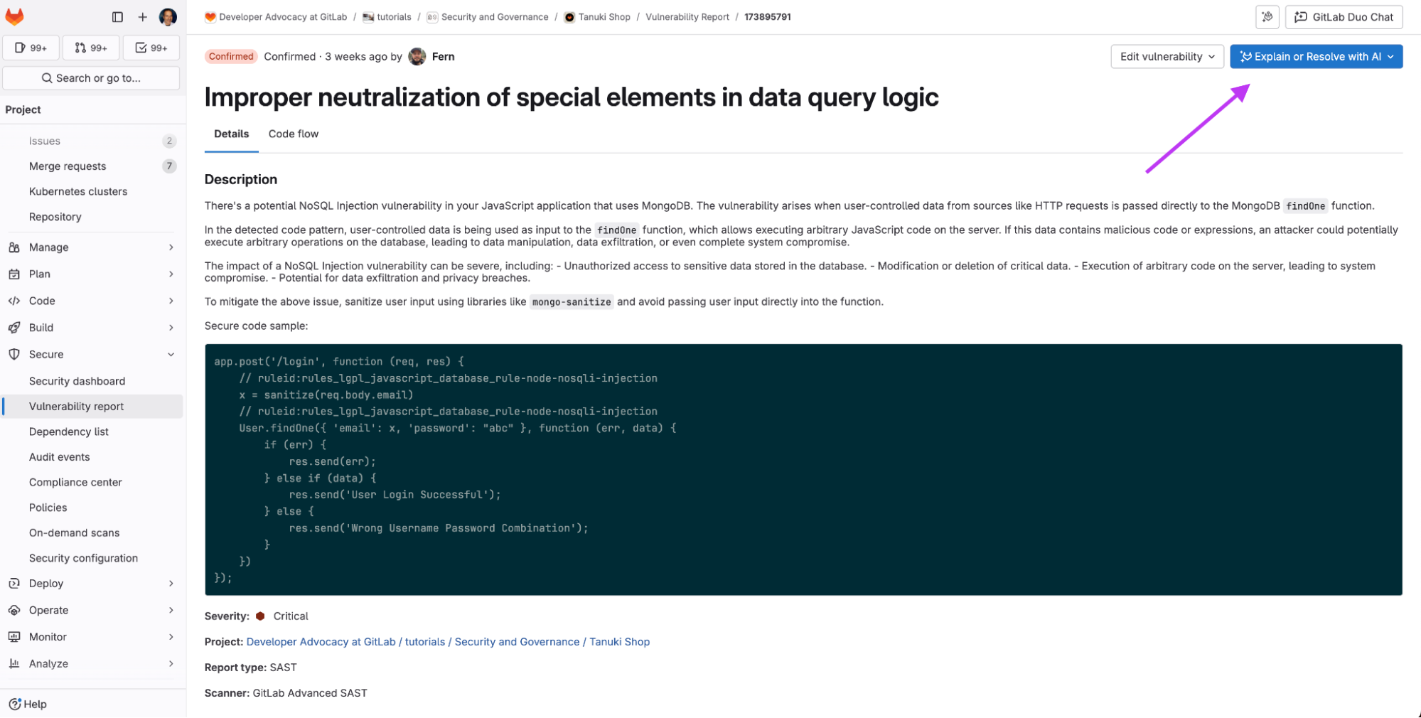 Vulnerability page with a button for explaining or resolving issues with AI. Helps to bridge the knowledge gap with AI.