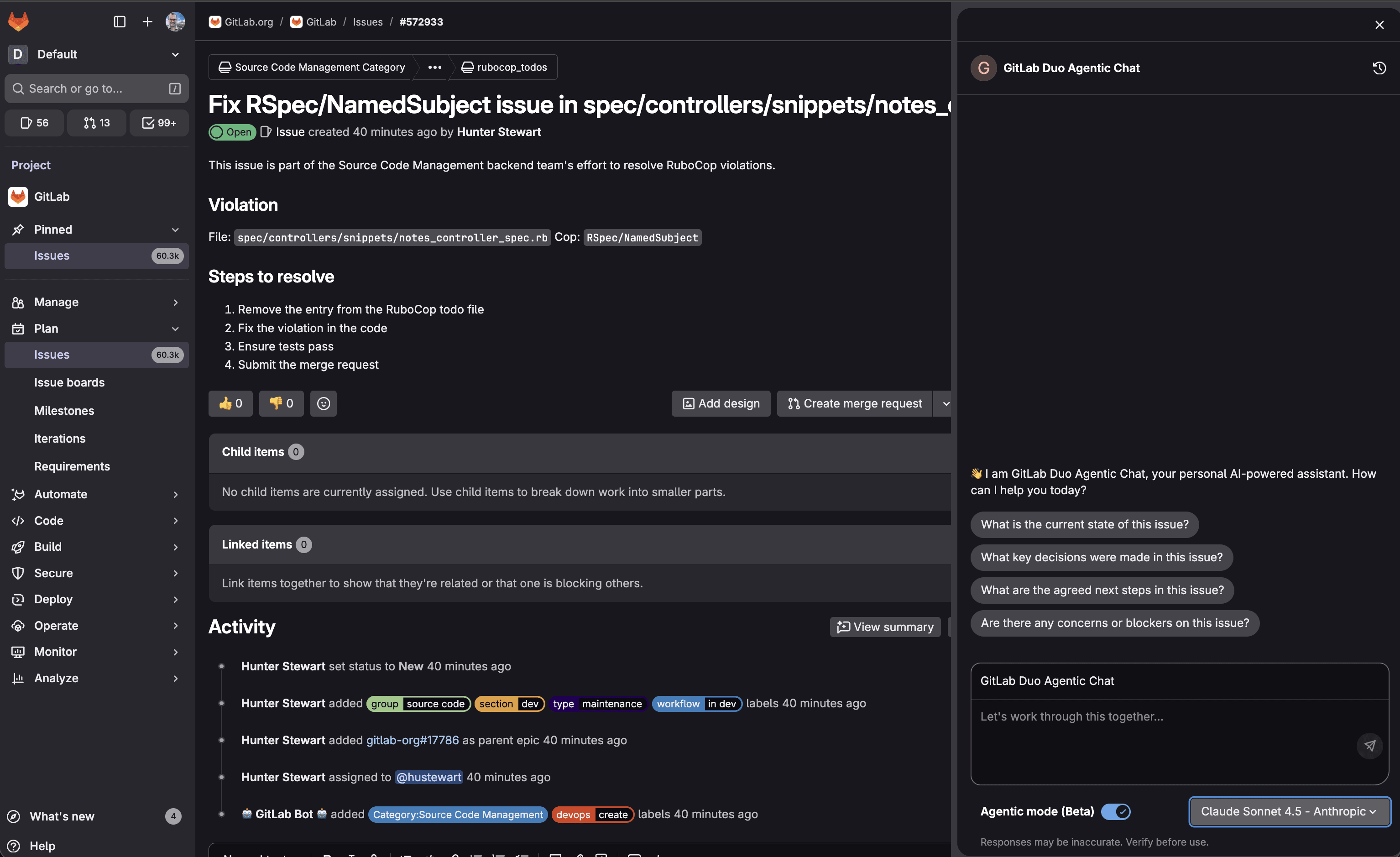 Dropdown selection for Claude Sonnet 4.5 in GitLab Duo