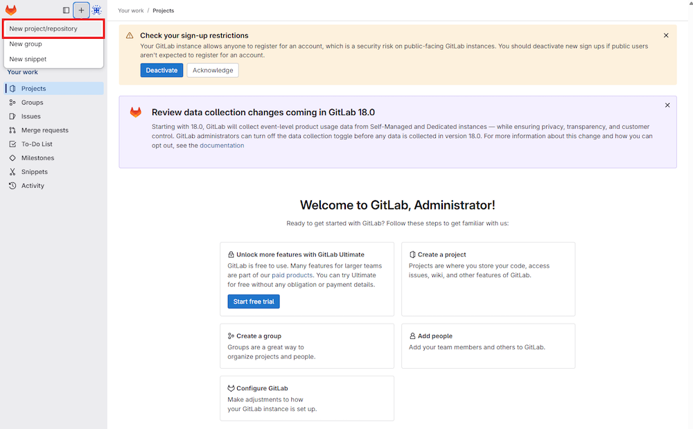 GitLabコンソール左メニュー右上の「＋」アイコンをクリックし、「New project/repository」をクリック