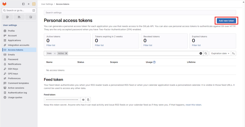 右上の「Add new token」ボタンを押下
