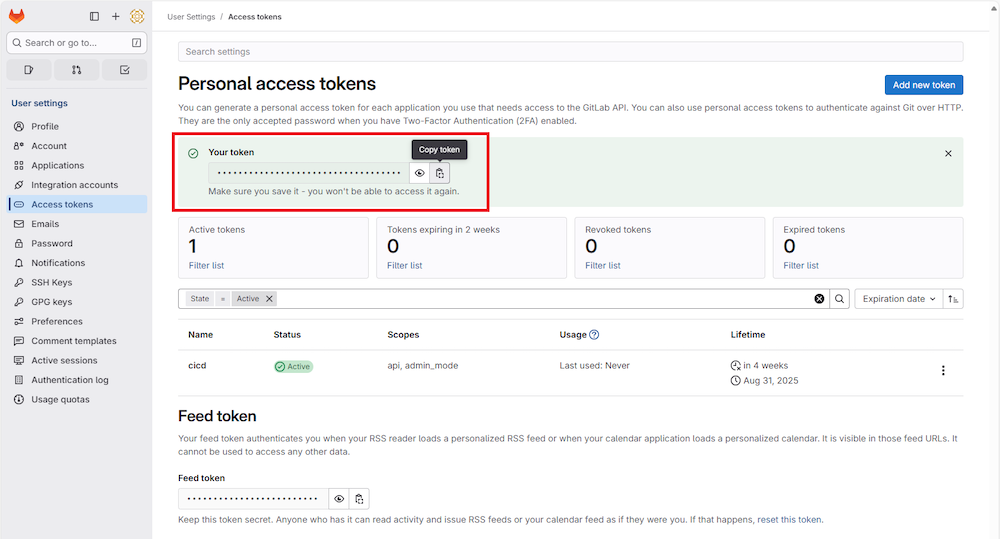 「Your token」に表示されているトークンをコピーし、控える