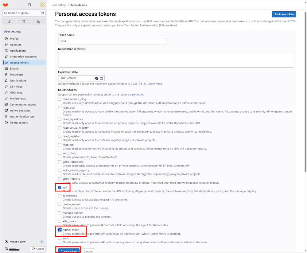 「Select scope」にて「api」と「admin_mode」にチェックを入れ、「Create token」ボタンを押下
